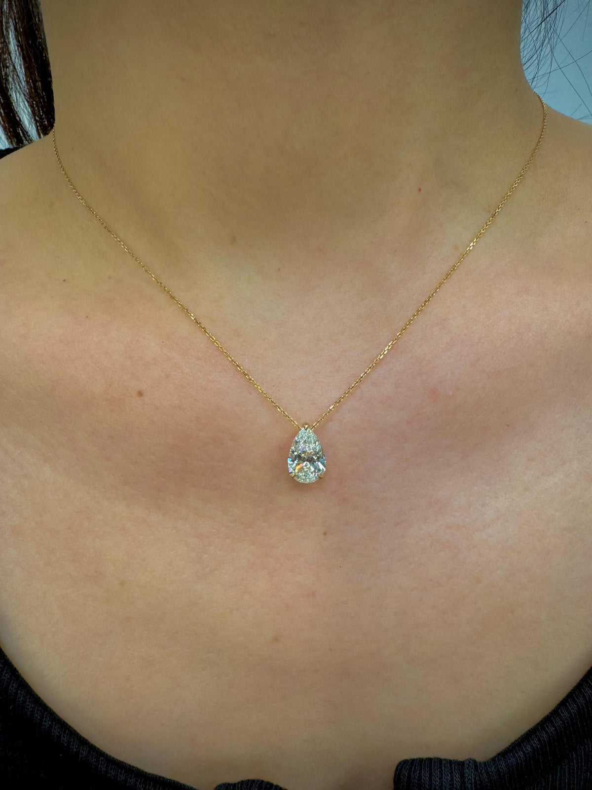 2 Ct Pear Cut Lab Grown Diamond Necklace: 14K Gold Solitaire Pendant, IGI Certified
