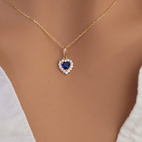 14k Gold Heart Sapphire Necklace with Lab Grown Diamond Halo