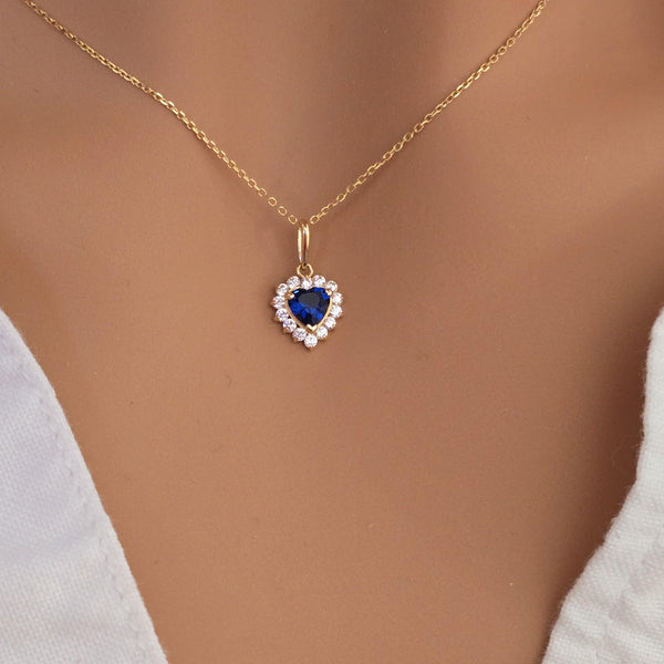 14k Gold Heart Sapphire Necklace with Lab Grown Diamond Halo