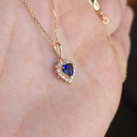 14k Gold Heart Sapphire Necklace with Lab Grown Diamond Halo