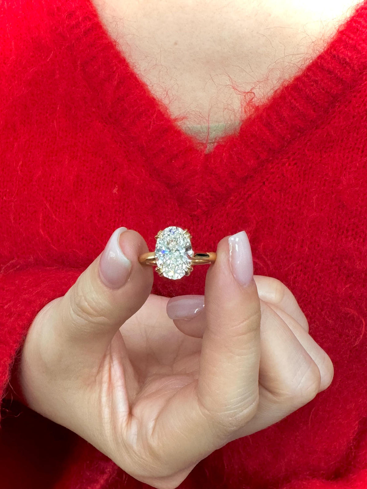3 Carat Oval Lab Grown E VS1 Diamond Ring, Hidden Halo Engagement Ring,14k Gold Double Prong Ring, Oval Cut CVD Diamond Ring, IGI Certified