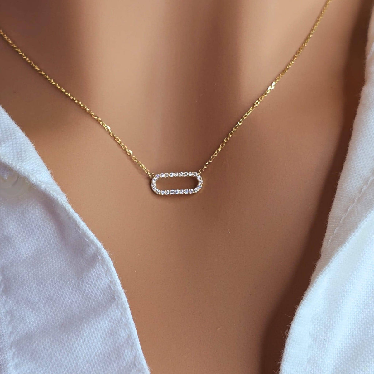 14k Gold Diamond Paperclip Necklace: Dainty Link Pendant