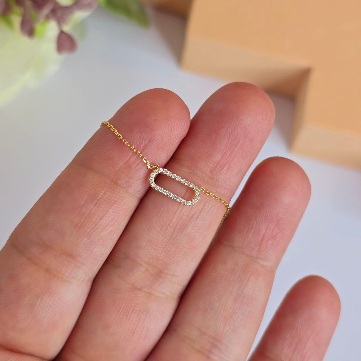 14k Gold Diamond Paperclip Necklace: Dainty Link Pendant