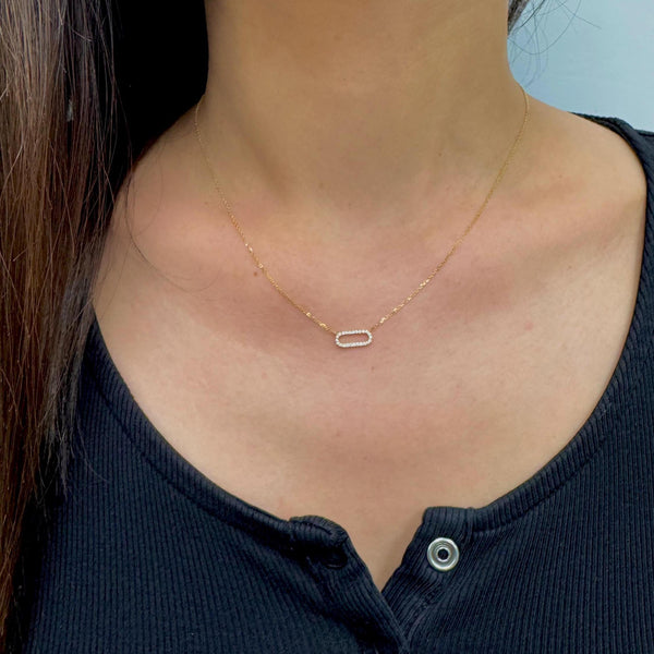 14k Gold Diamond Paperclip Necklace: Dainty Link Pendant