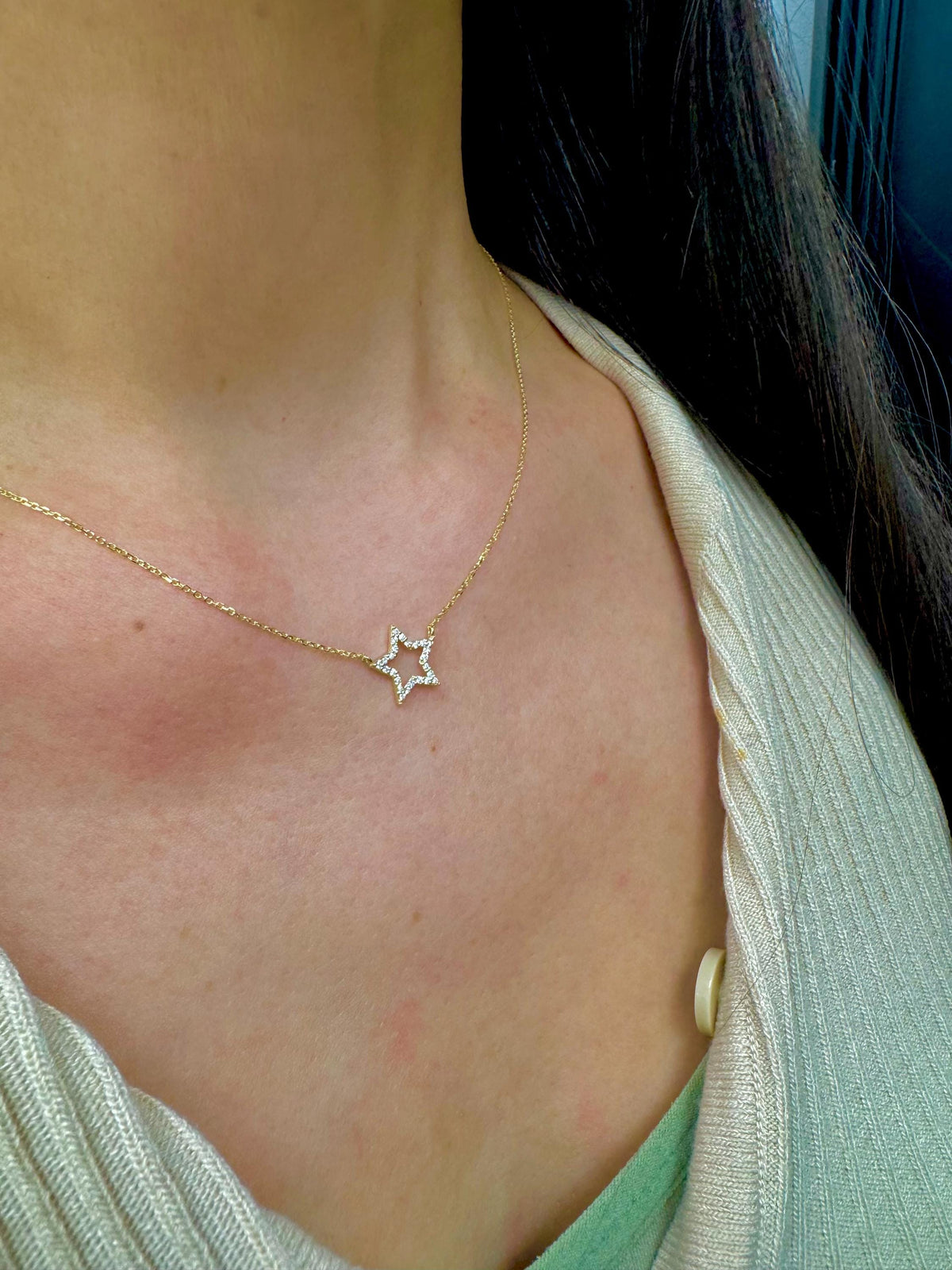 14k Solid Gold Diamond Star Necklace: Dainty Celestial Pendant