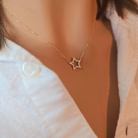 14k Solid Gold Diamond Star Necklace: Dainty Celestial Pendant