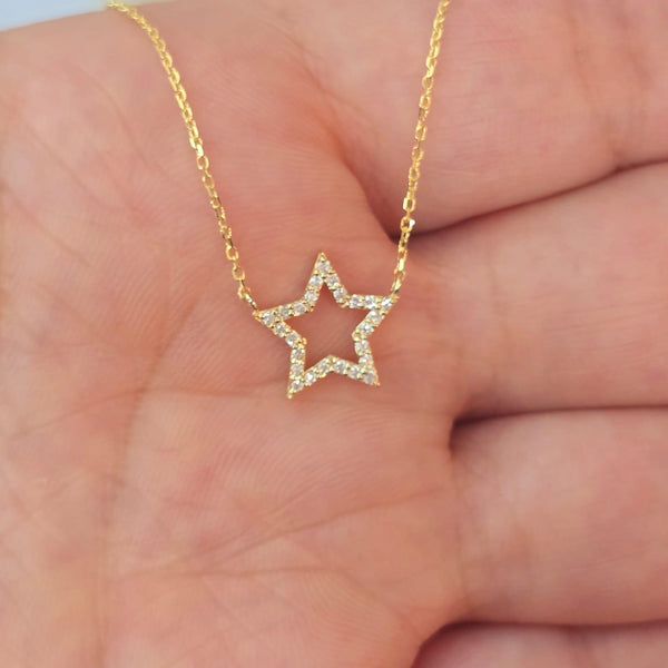 14k Solid Gold Diamond Star Necklace: Dainty Celestial Pendant