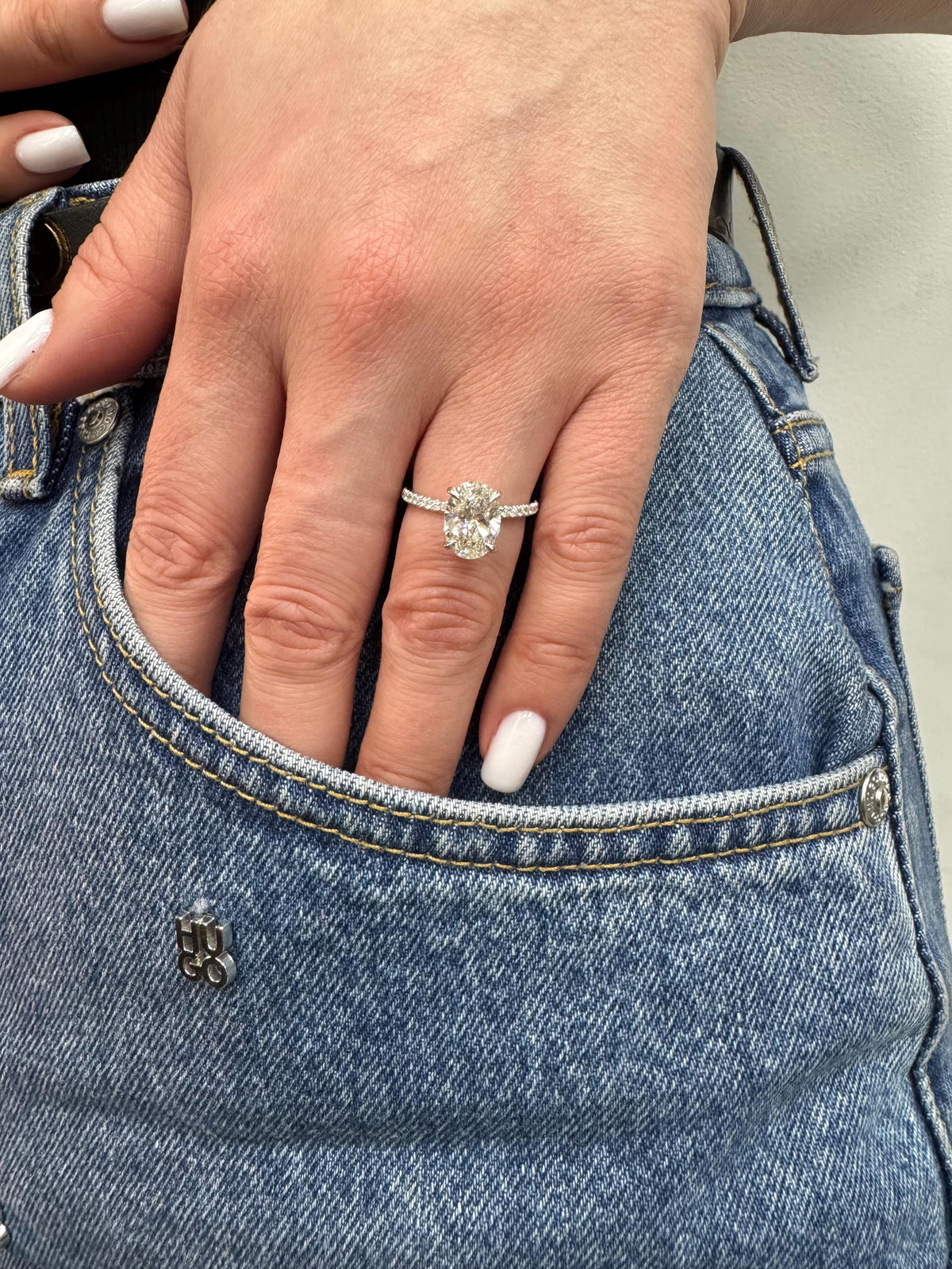 2 Carat Oval Lab Diamond Engagement Ring: 14K Gold Hidden Halo, IGI Certified