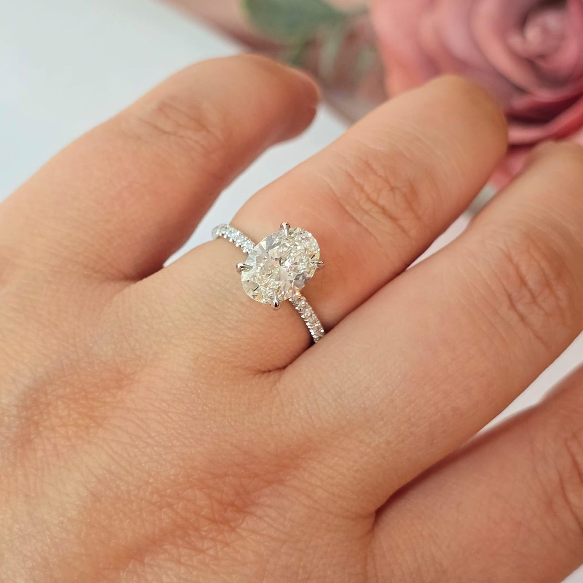 2 Carat Oval Lab Diamond Engagement Ring: 14K Gold Hidden Halo, IGI Certified