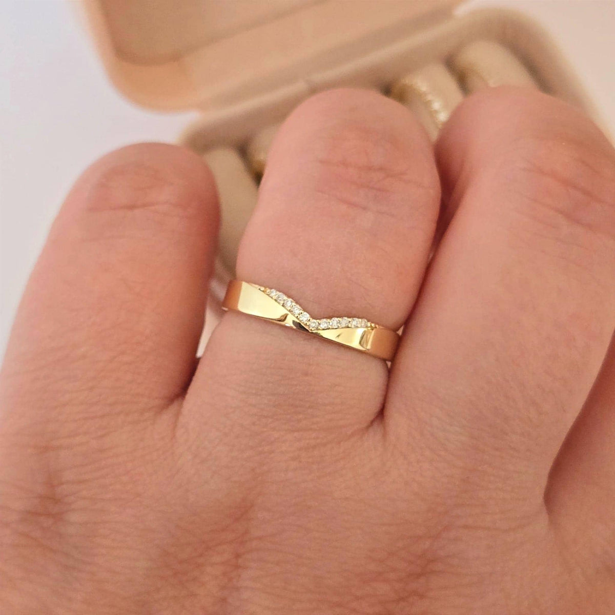 Diamond Chevron Wedding Band: 14K Gold V-Shape Stacking Ring