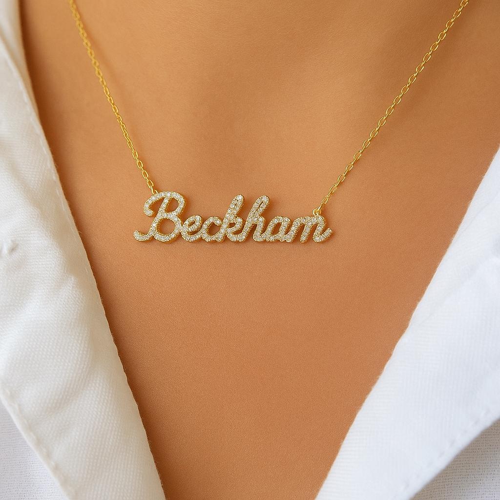14k Solid Gold Diamond Name Necklace, Personalized Script Pendant