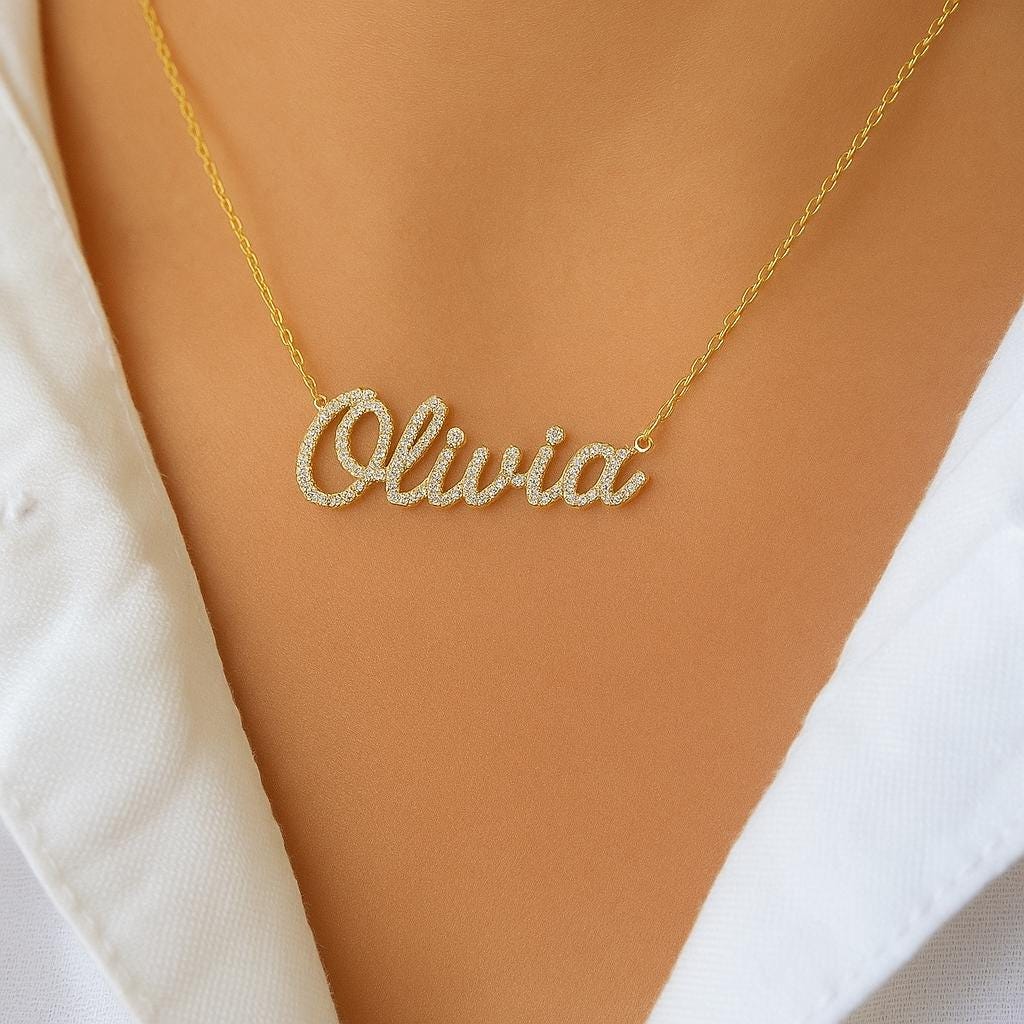 14k Solid Gold Diamond Name Necklace, Personalized Script Pendant