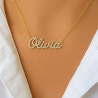 14k Solid Gold Diamond Name Necklace, Personalized Script Pendant