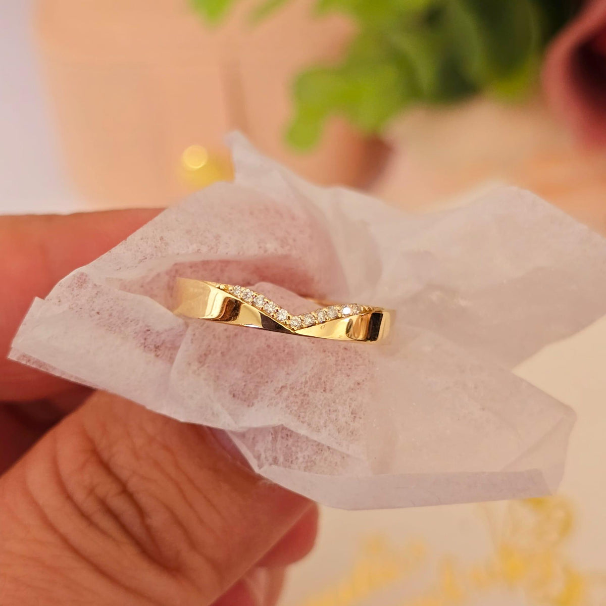 Diamond Chevron Wedding Band: 14K Gold V-Shape Stacking Ring