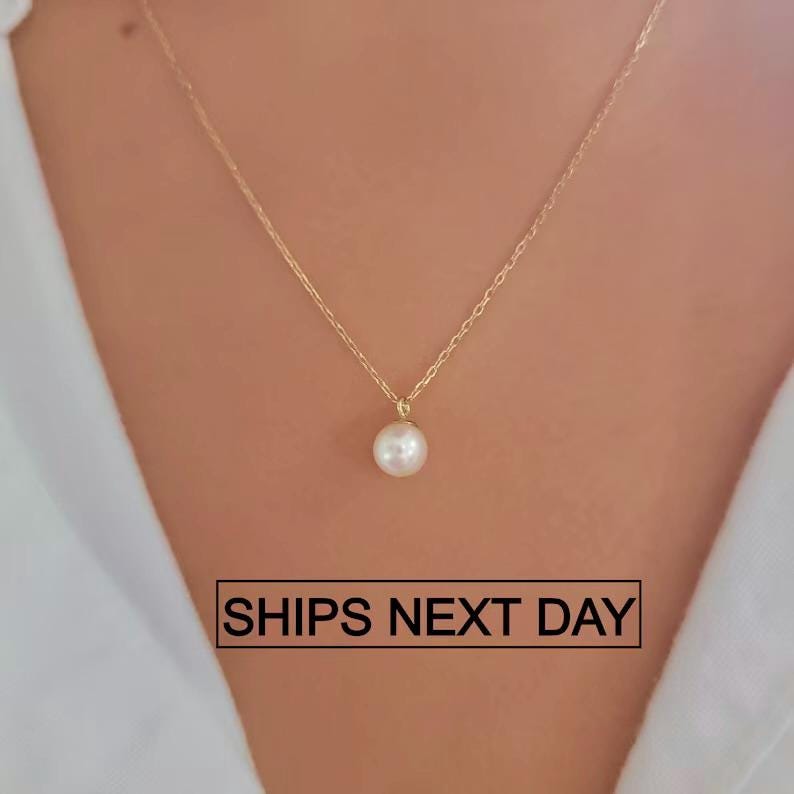 Pearl Necklace in 14k Solid Gold, Freshwater Pearl Necklace, Dainty Pearl Solid Gold Necklace, Minimalist 14k Solid Gold Necklace, White