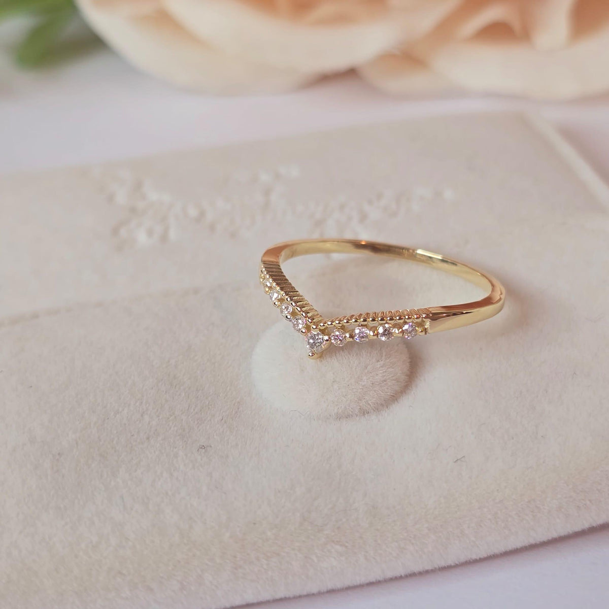 14k Gold Diamond Chevron Ring: Minimalist Stacking V Band