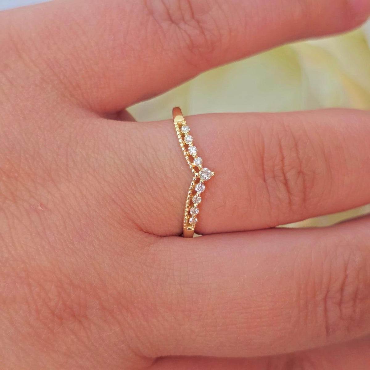 14k Gold Diamond Chevron Ring: Minimalist Stacking V Band