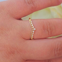 14k Gold Diamond Chevron Ring: Minimalist Stacking V Band