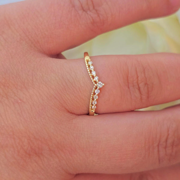 14k Gold Diamond Chevron Ring: Minimalist Stacking V Band
