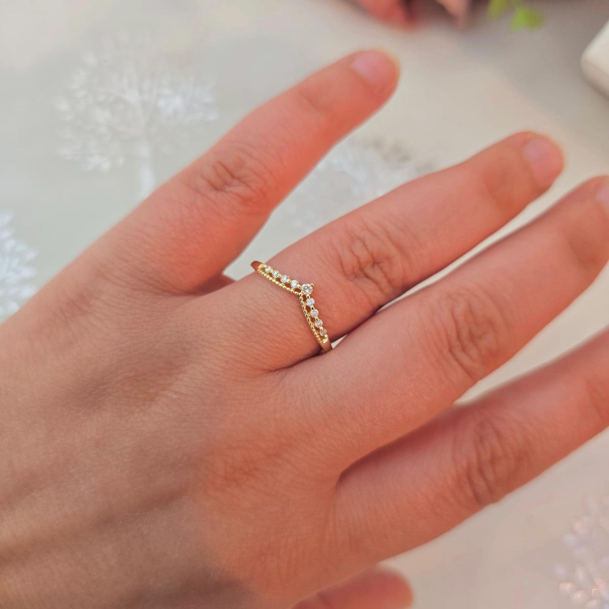14k Gold Diamond Chevron Ring: Minimalist Stacking V Band