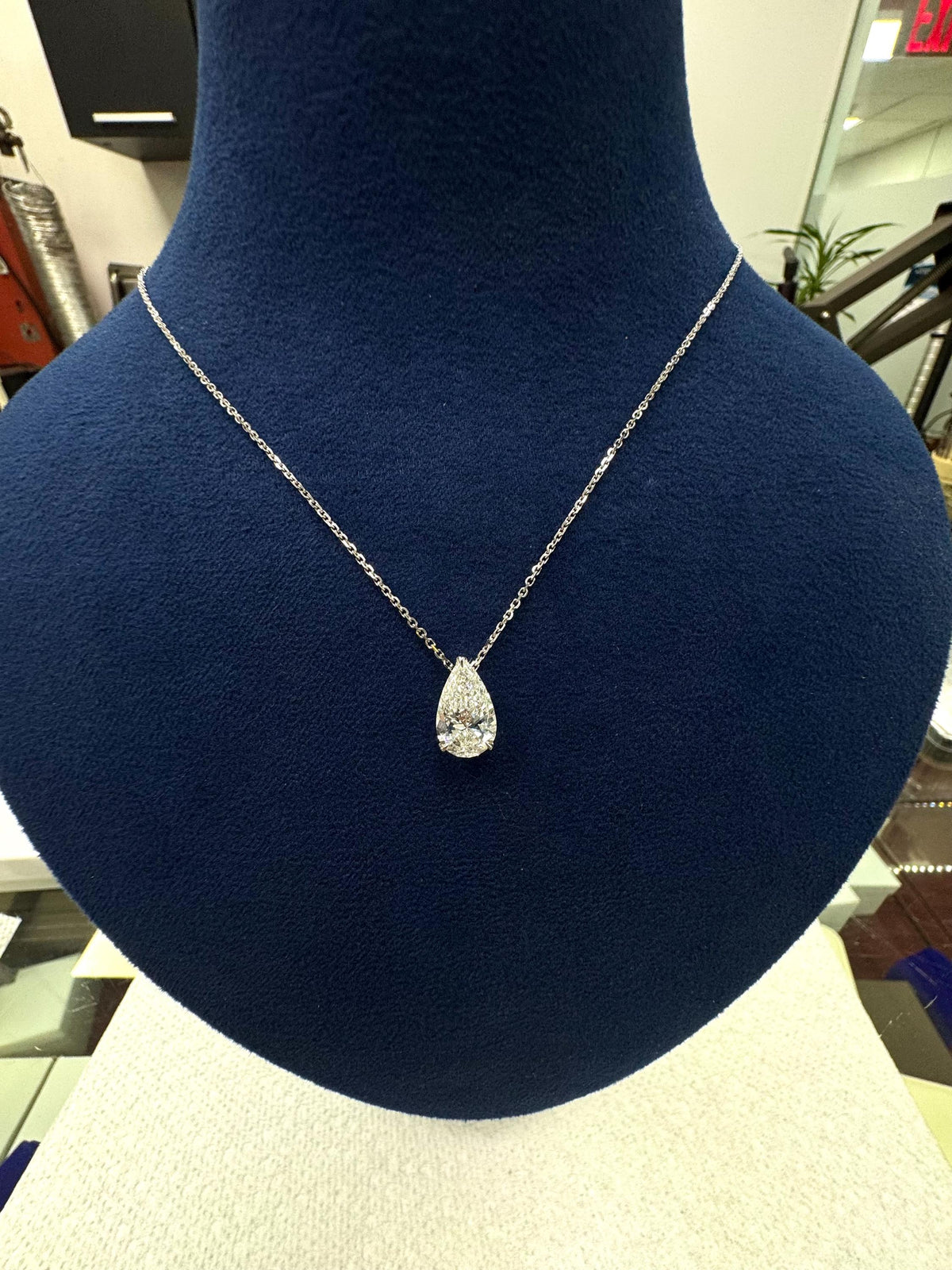 2 Ct Pear Cut Lab Grown Diamond Necklace: 14K Gold Solitaire Pendant, IGI Certified