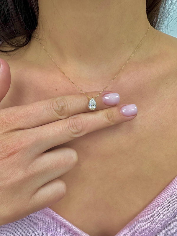 1ct Pear Lab Grown Diamond Necklace: 14K Gold Solitaire Pendant, IGI Certified