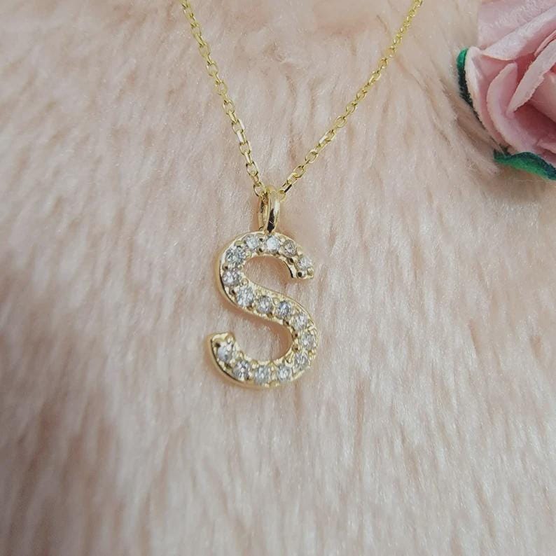 14K Gold Diamond Initial Necklace • Dainty Letter Charm