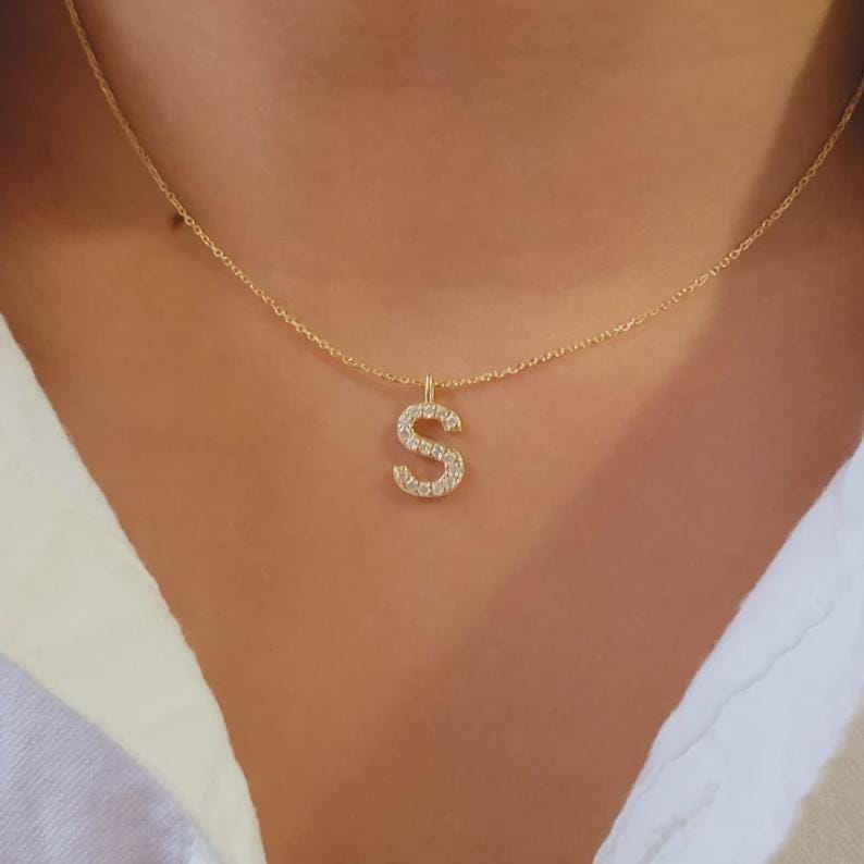 14K Gold Diamond Initial Necklace • Dainty Letter Charm