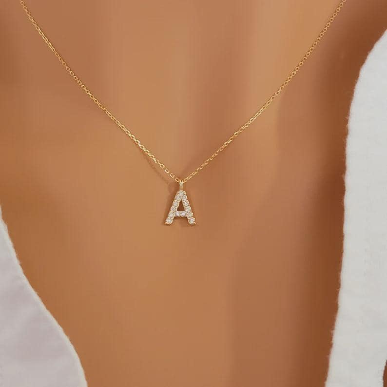 14K Gold Diamond Initial Necklace • Dainty Letter Charm