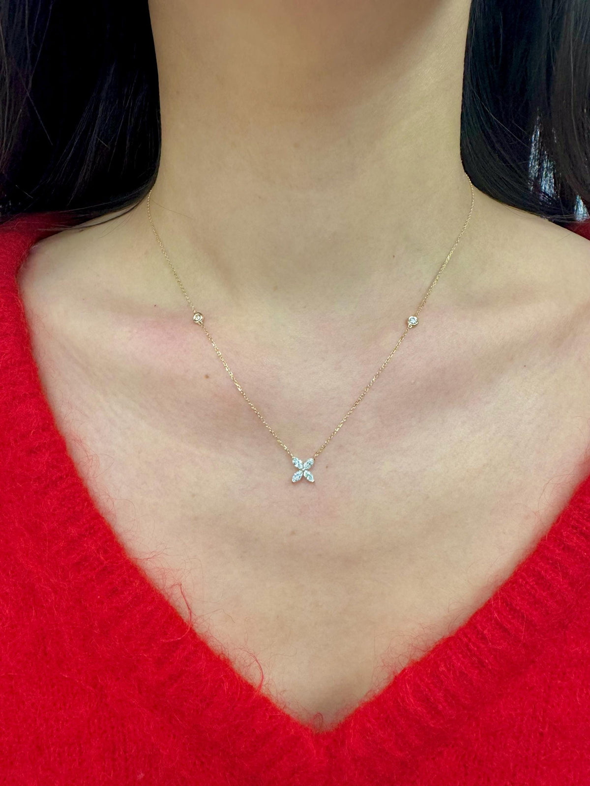 14k Solid Gold Marquise Diamond Flower Necklace, Bridal Pendant