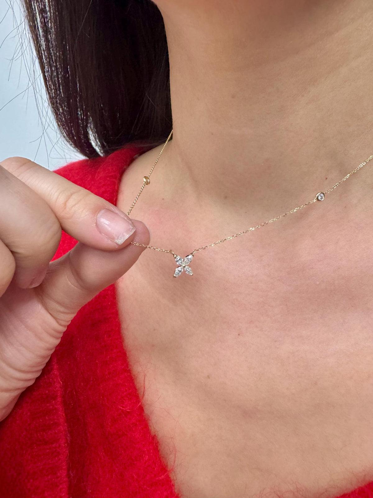 14k Solid Gold Marquise Diamond Flower Necklace, Bridal Pendant