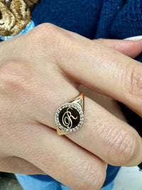 14K Solid Gold Diamond Signet Ring Personalized Initials Round Men Women