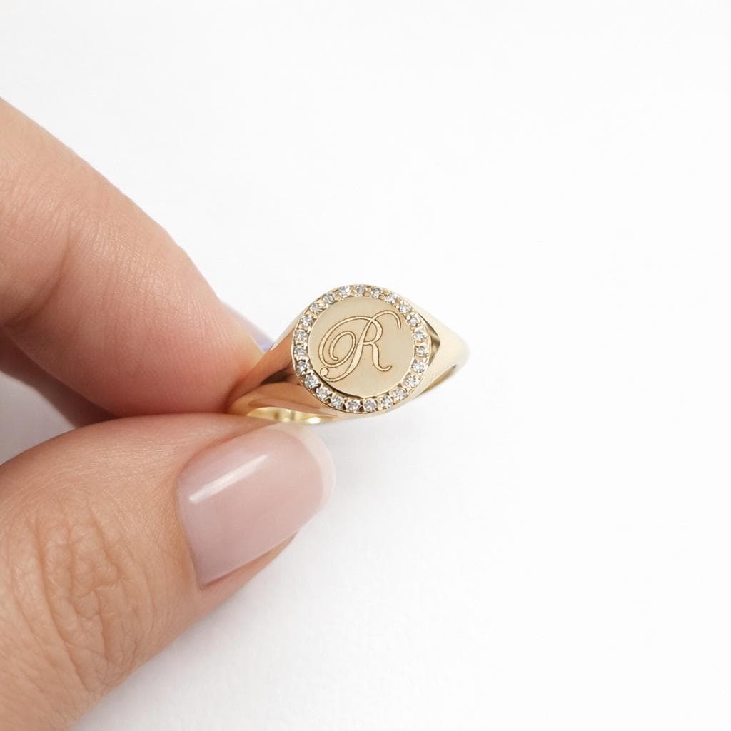 14K Solid Gold Diamond Signet Ring Personalized Initials Round Men Women