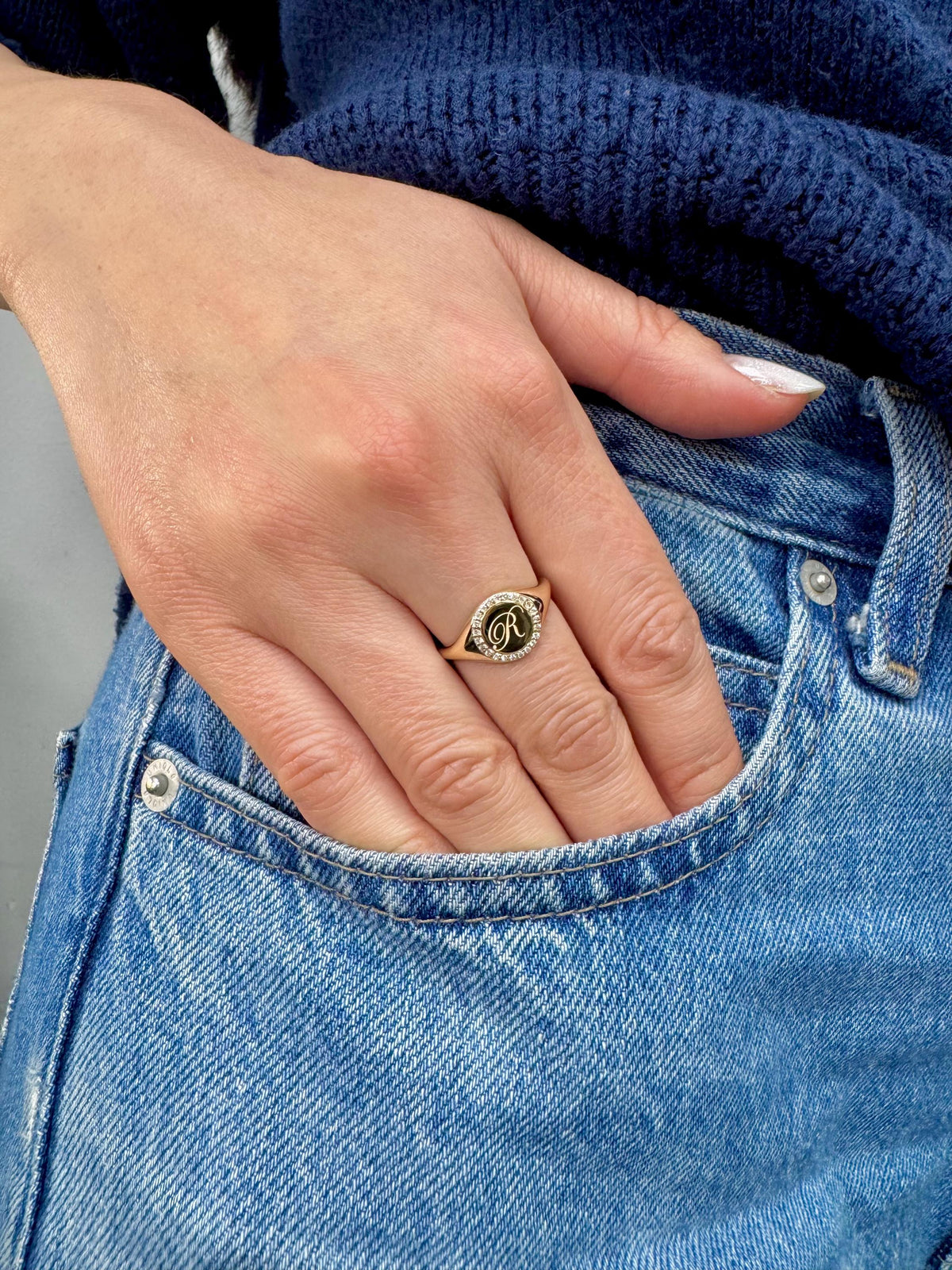 14K Solid Gold Diamond Signet Ring Personalized Initials Round Men Women