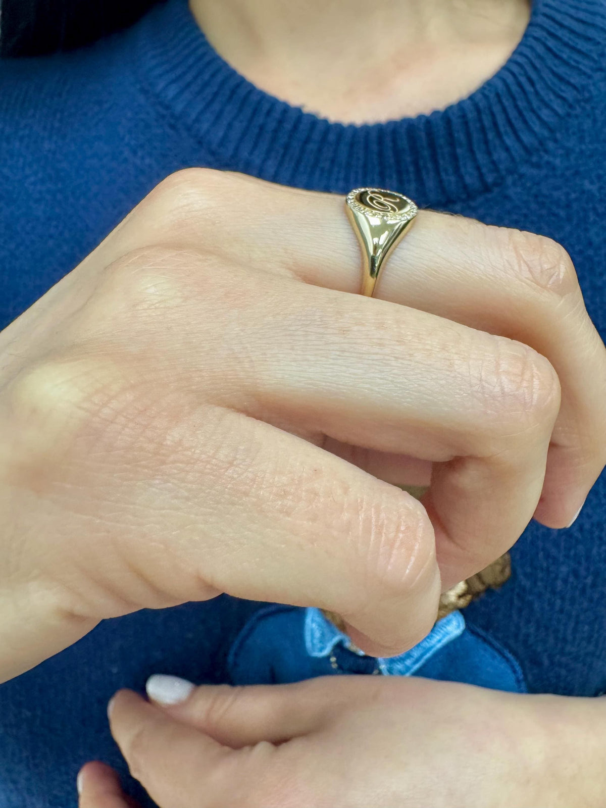 14K Solid Gold Diamond Signet Ring Personalized Initials Round Men Women