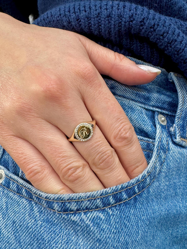 14K Solid Gold Diamond Signet Ring Personalized Initials Round Men Women