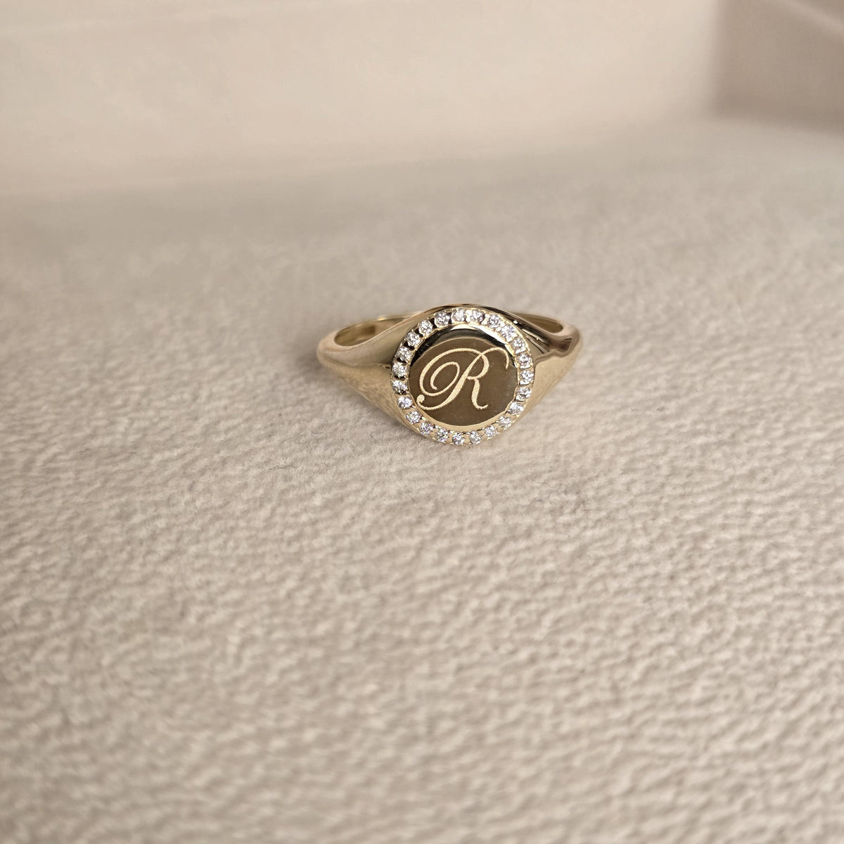 14K Solid Gold Diamond Signet Ring Personalized Initials Round Men Women