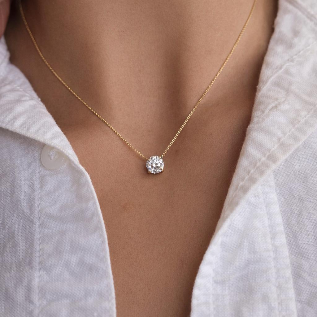 1 Ct Round Cut Lab Grown Diamond Necklace: 14K Gold Solitaire Pendant, IGI Certified