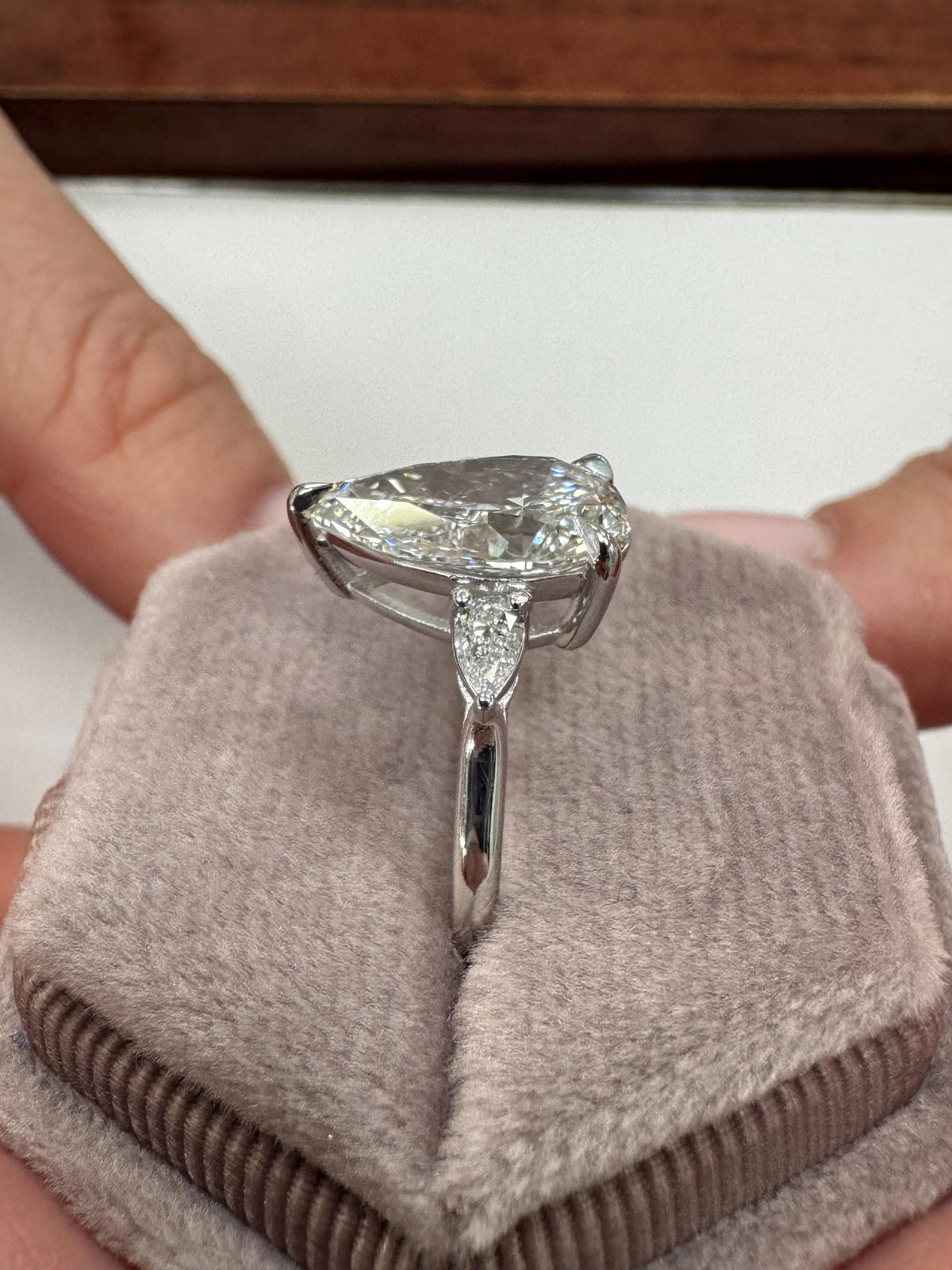 3 Carat E VVS2 Pear Lab Grown Diamond Ring Three Stone Solitaire IGI Certified