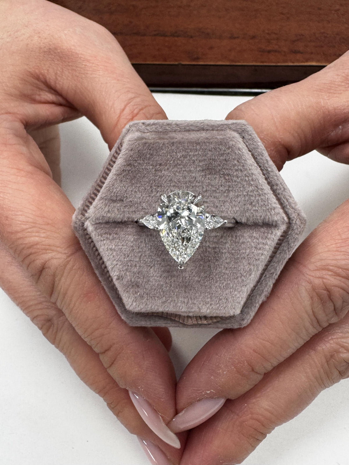 3 Carat E VVS2 Pear Lab Grown Diamond Ring Three Stone Solitaire IGI Certified