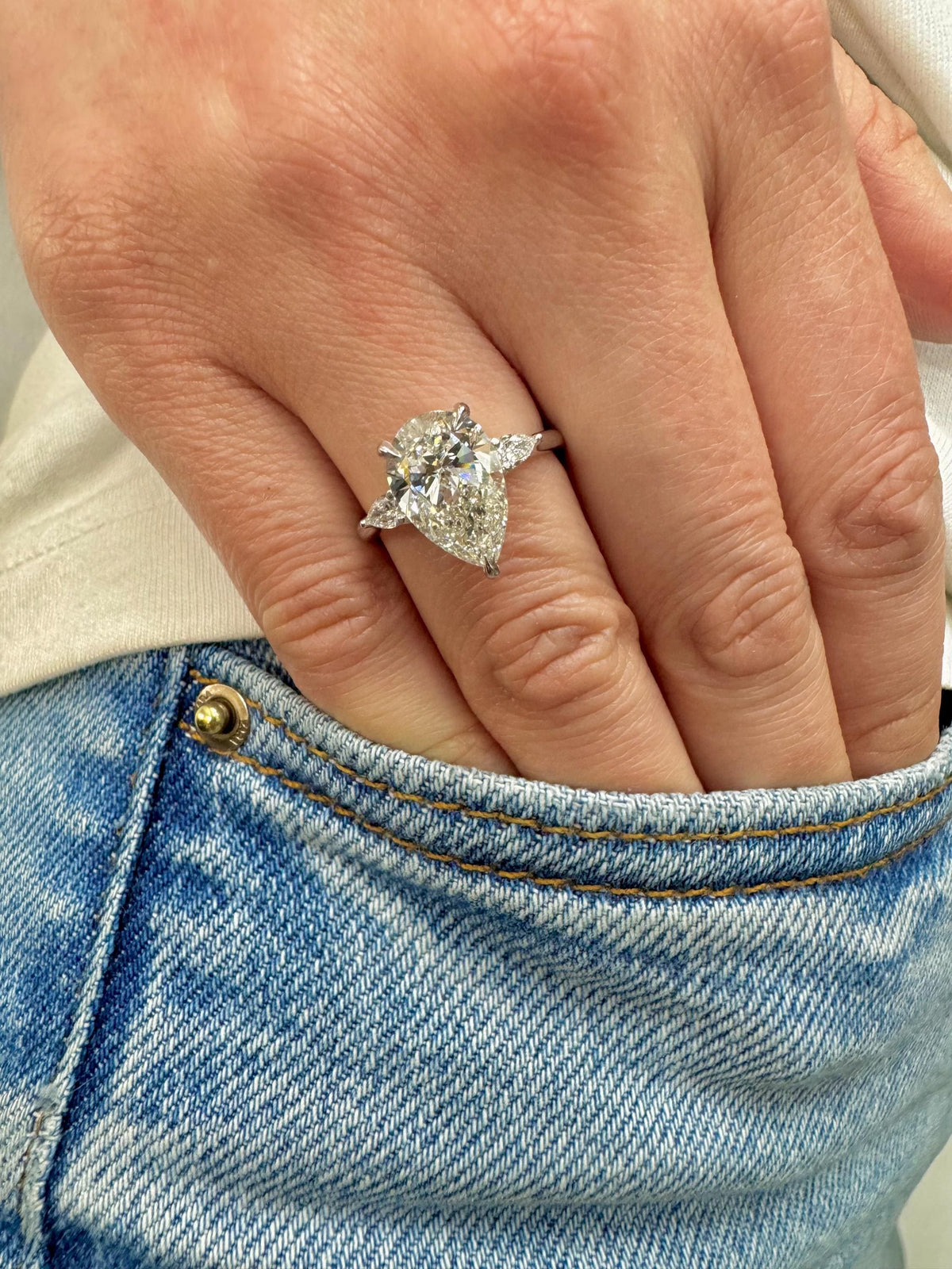 3 Carat E VVS2 Pear Lab Grown Diamond Ring Three Stone Solitaire IGI Certified