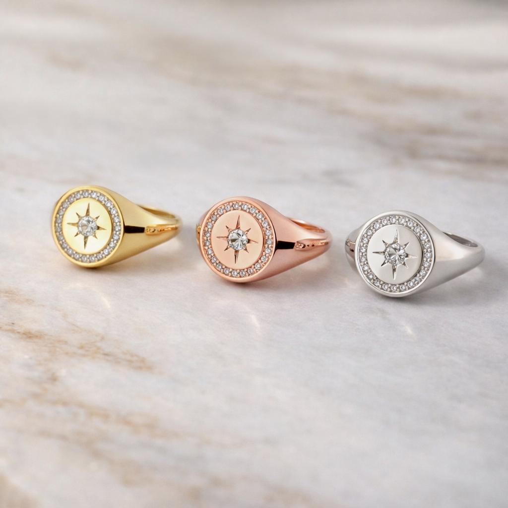 Personalized 14K Gold Diamond North Star Signature Ring Handmade Signet Ring Gift for Her