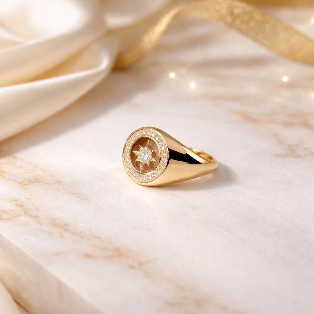Personalized 14K Gold Diamond North Star Signature Ring Handmade Signet Ring Gift for Her