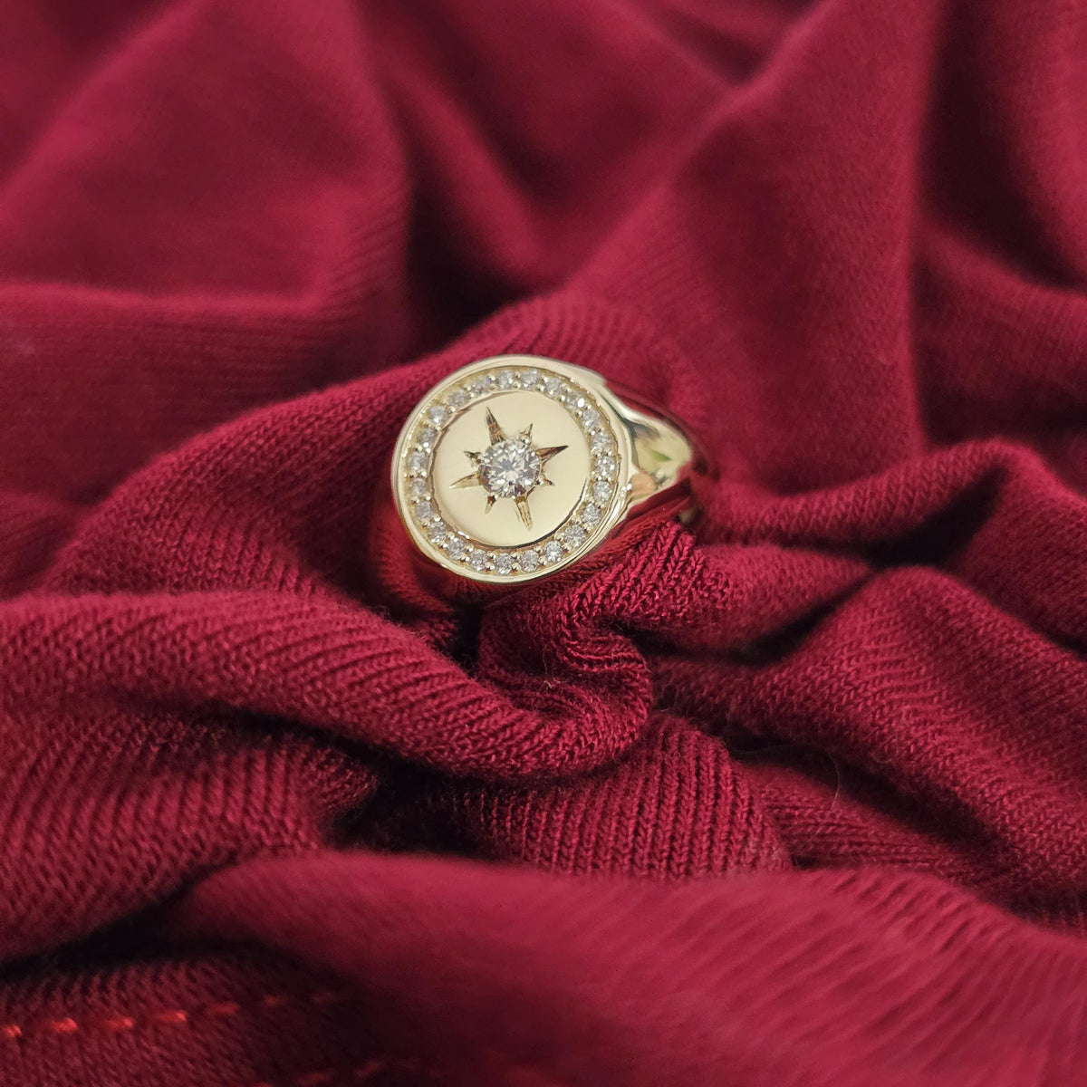 Personalized 14K Gold Diamond North Star Signature Ring Handmade Signet Ring Gift for Her