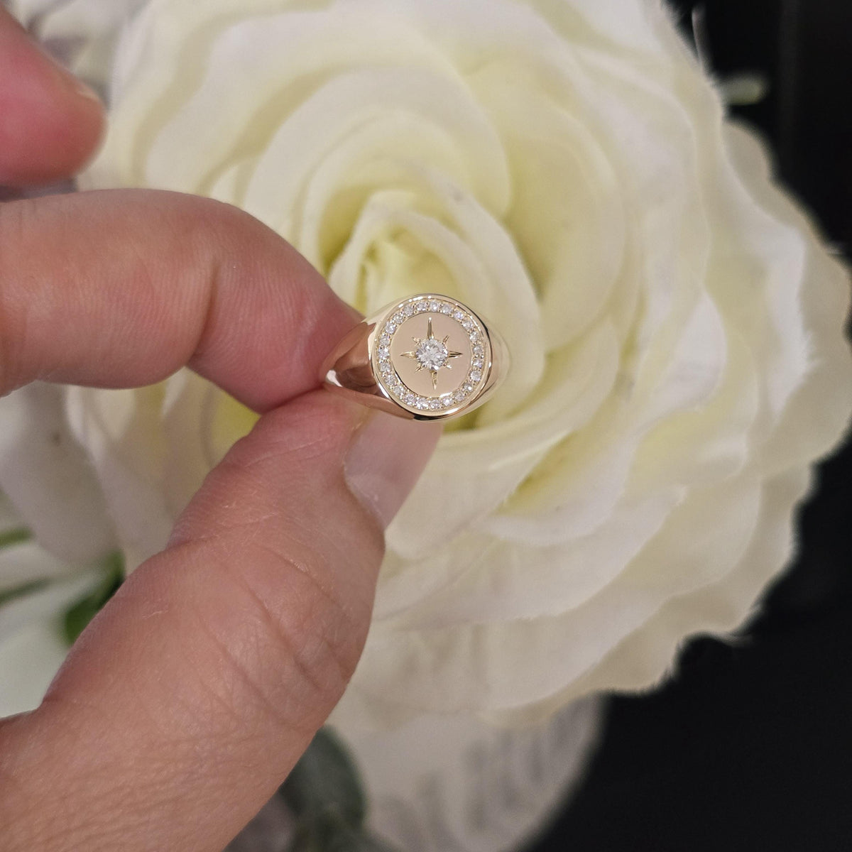 Personalized 14K Gold Diamond North Star Signature Ring Handmade Signet Ring Gift for Her