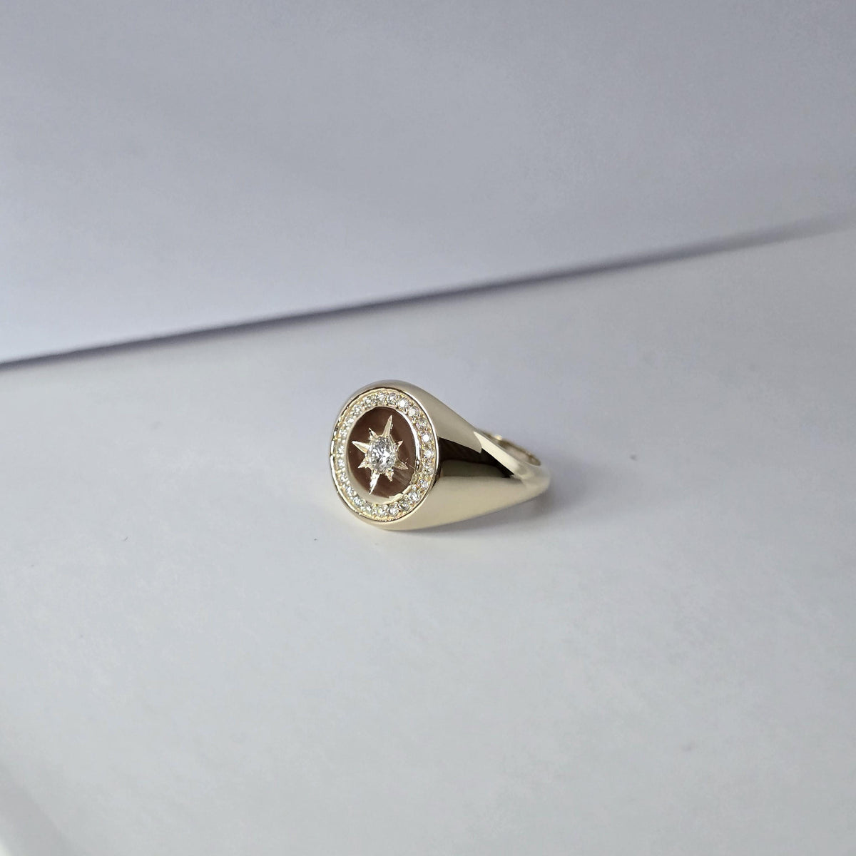 Personalized 14K Gold Diamond North Star Signature Ring Handmade Signet Ring Gift for Her