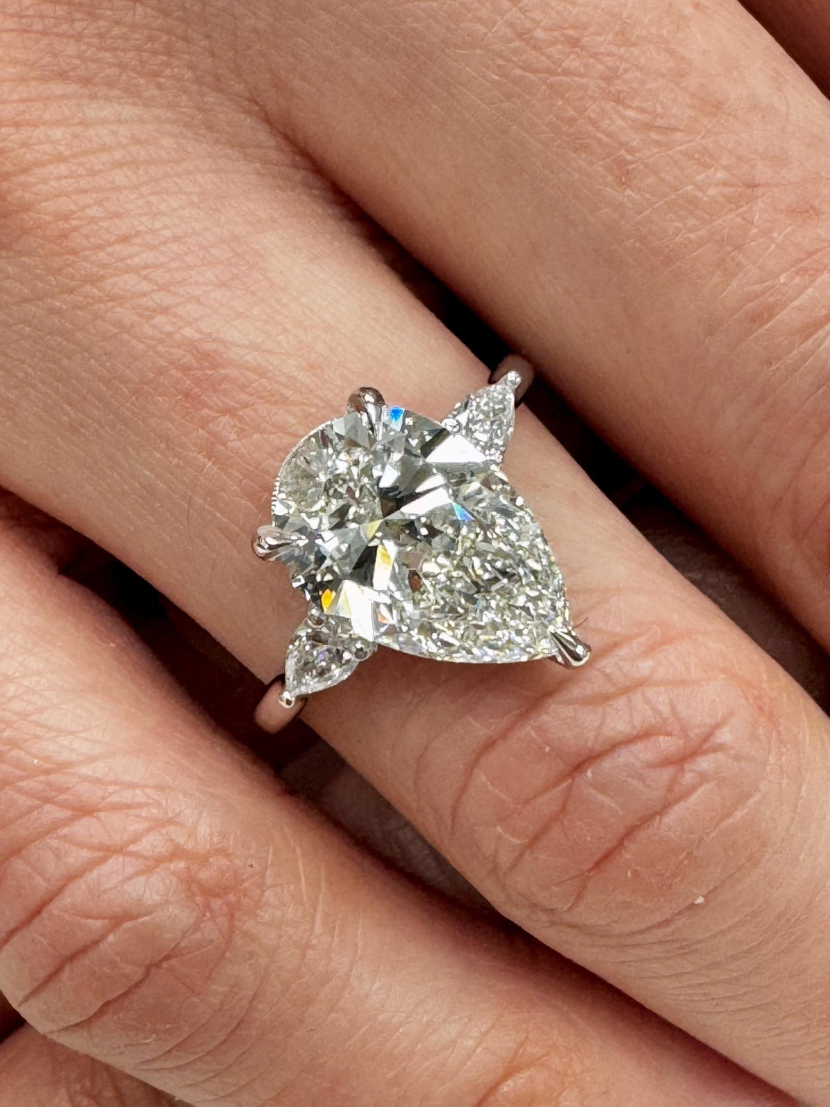3 Carat E VVS2 Pear Lab Grown Diamond Ring Three Stone Solitaire IGI Certified