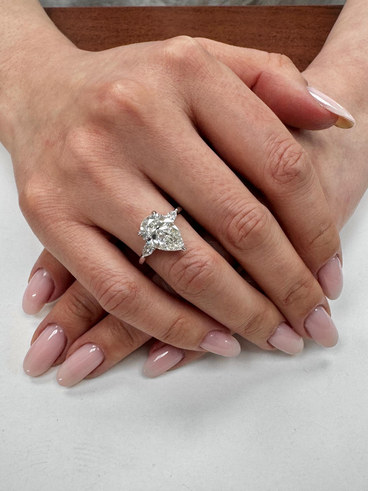3 Carat E VVS2 Pear Lab Grown Diamond Ring Three Stone Solitaire IGI Certified