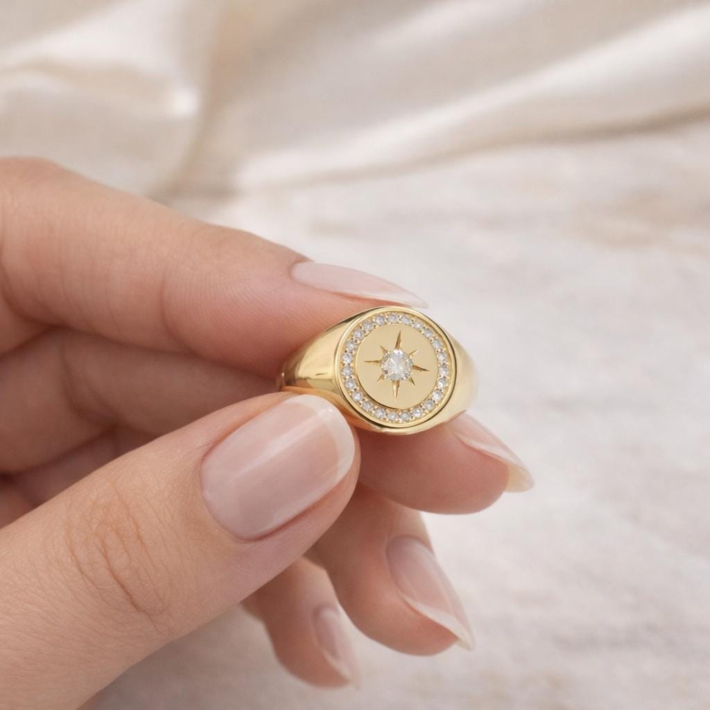 Personalized 14K Gold Diamond North Star Signature Ring Handmade Signet Ring Gift for Her
