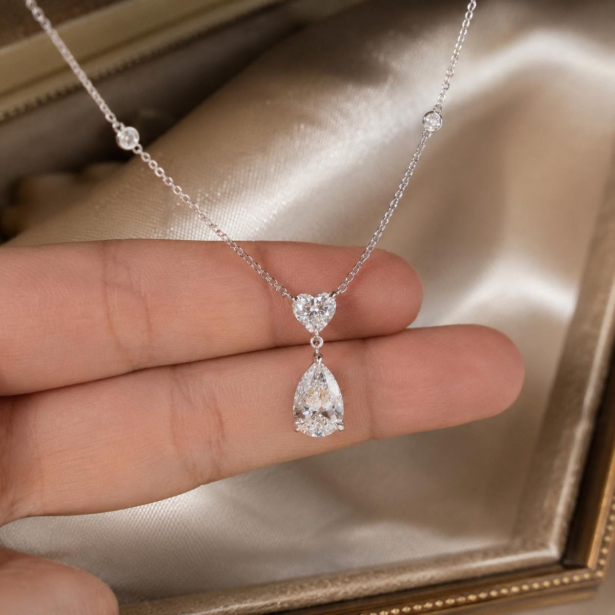 Lab Grown Diamond Necklace, Pear & Heart Pendant, 14K Gold